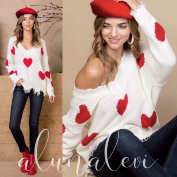 Bellanblue Sweaters - Cozy Red Heart Frayed V neck Sweater Top